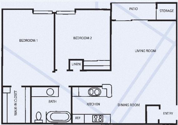 Floor plan for 2 beds, 1 bath, 900 sqft